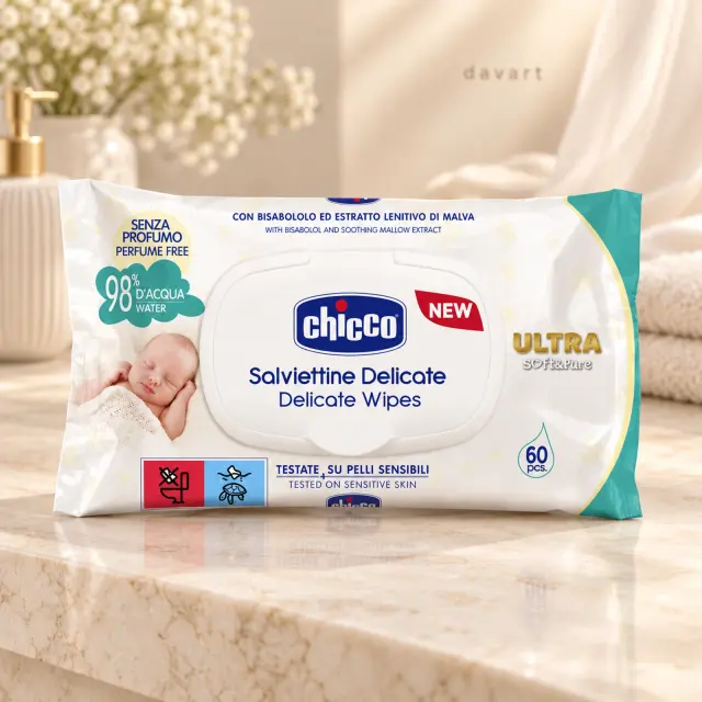Chicco Șervețele Umede 60/set · Ultra-Soft &Pure, 60 buc., imagine de referință