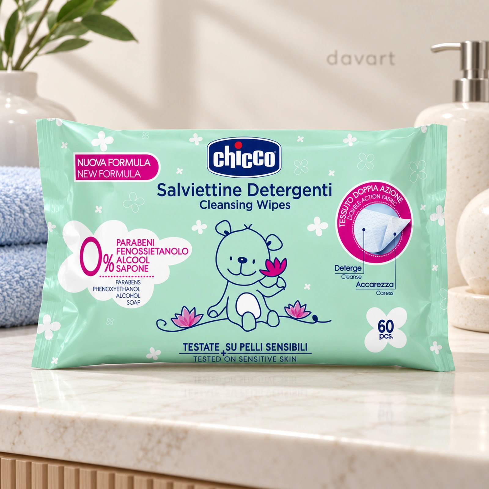 Chicco Șervețele Umede 60/set · Verde, 60 buc., imagine de referință